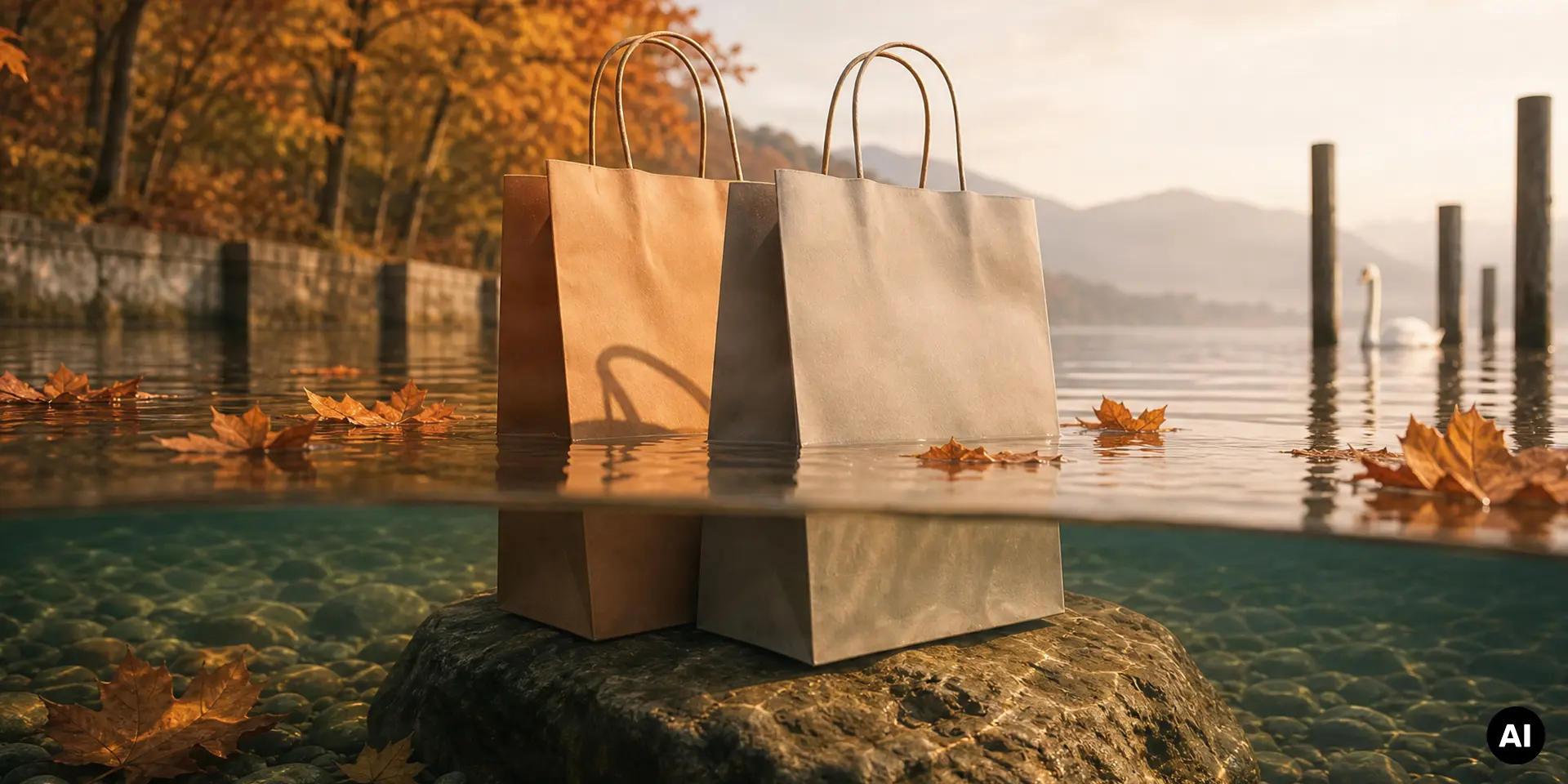Papier Shoppingtüten auf einem Stein in hersbstlicher Umgebung